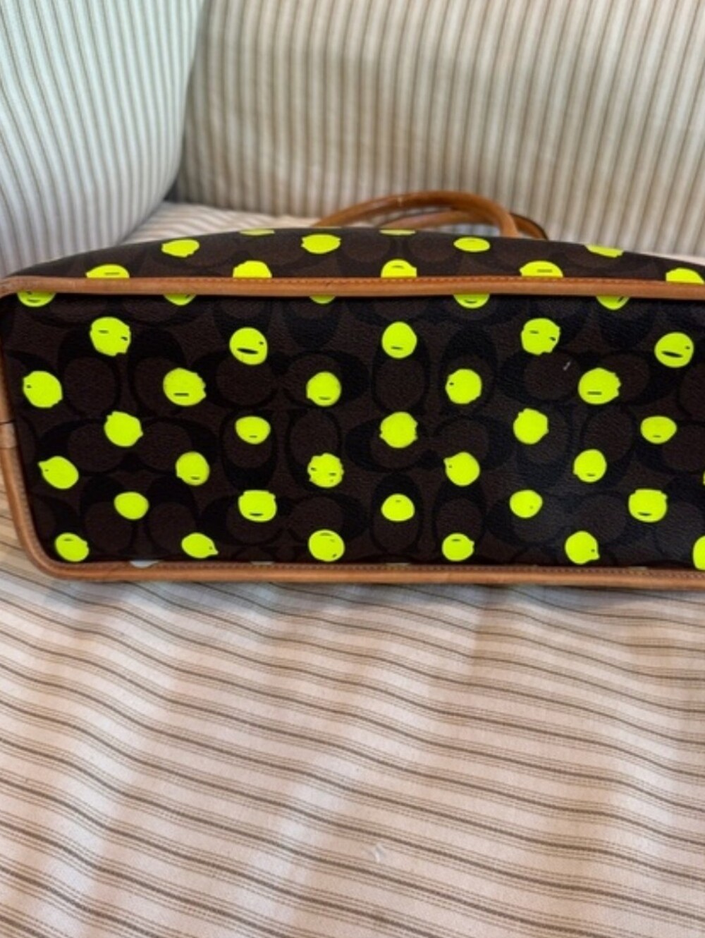 Coach Cora Domed Satchel Brown Crossgrain Leather Neon Yellow Polka Dot F33260 - Picture 4 of 6